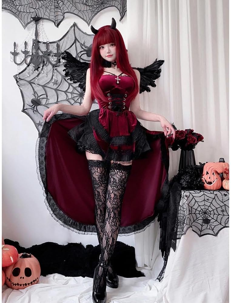 美品ゴシックパンクロリィタゴスロリ赤ミニワンピース秋冬ハロウィン編み上げベロア ロリータ ワンピース レディース Lolita Aライン ゴスロリ